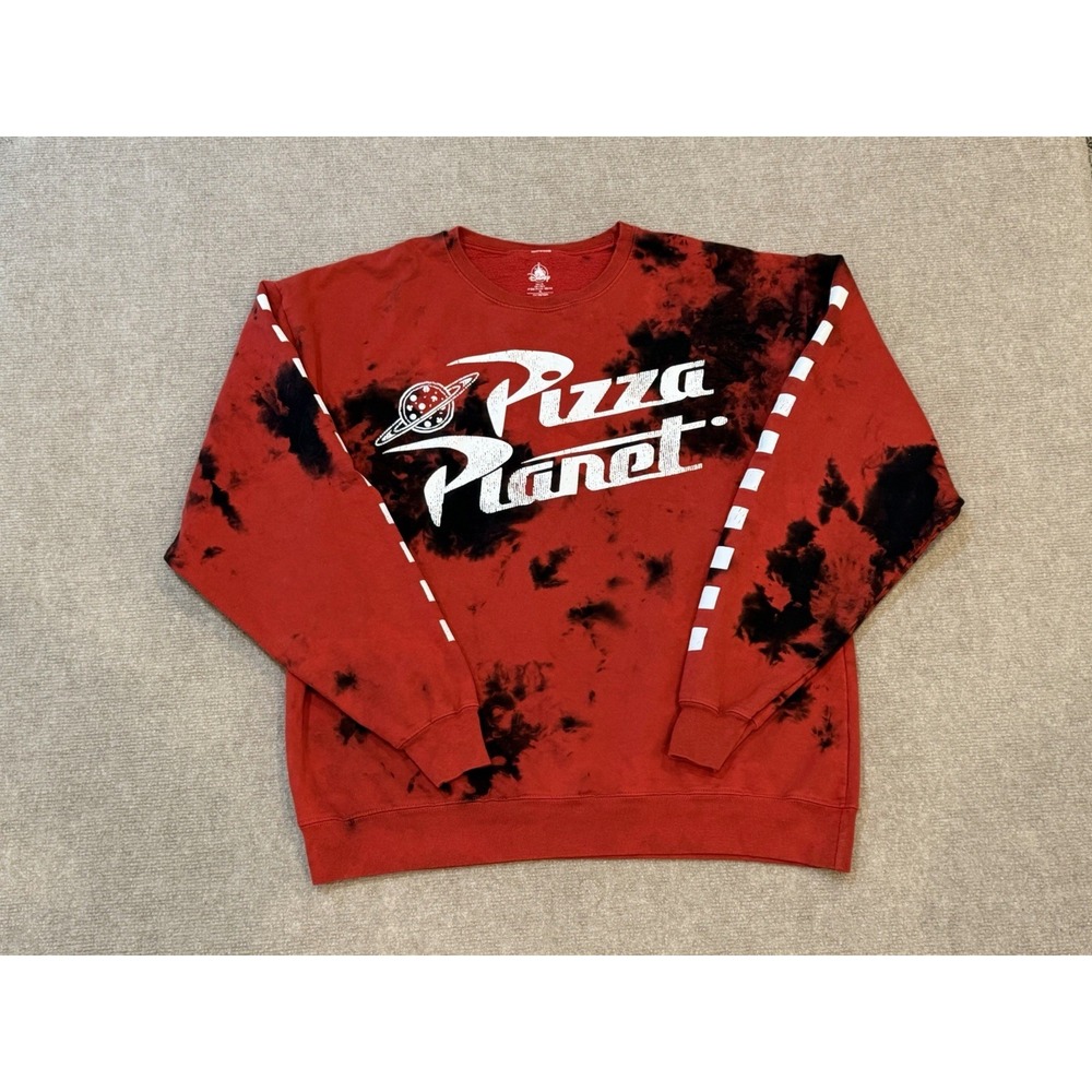 Disney Parks Pizza Planet Toy Story Tie-Dye Crewneck Sweatshirt Size Large Red